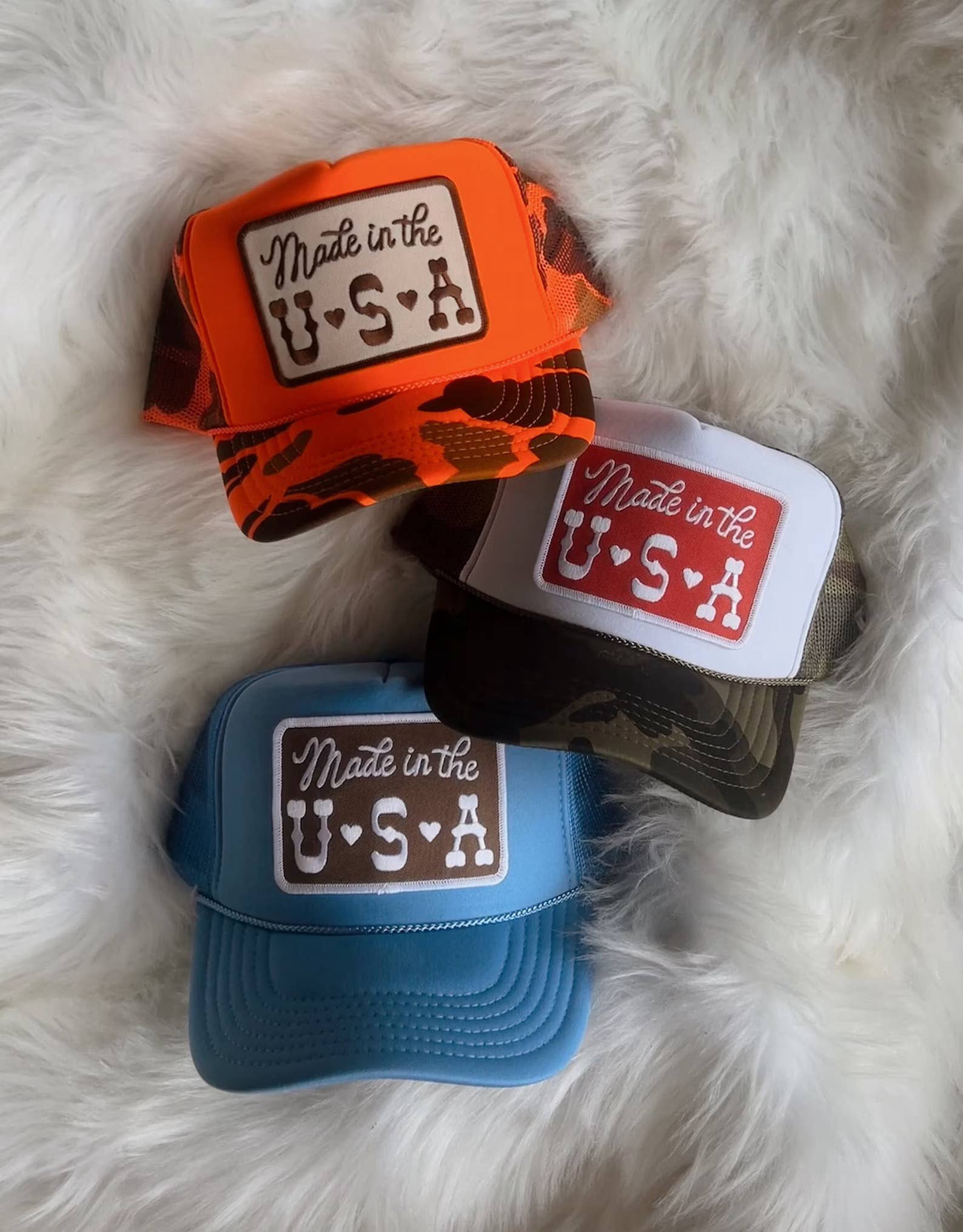 Made in the USA Patch Trucker Hat: White / White/Red Thread