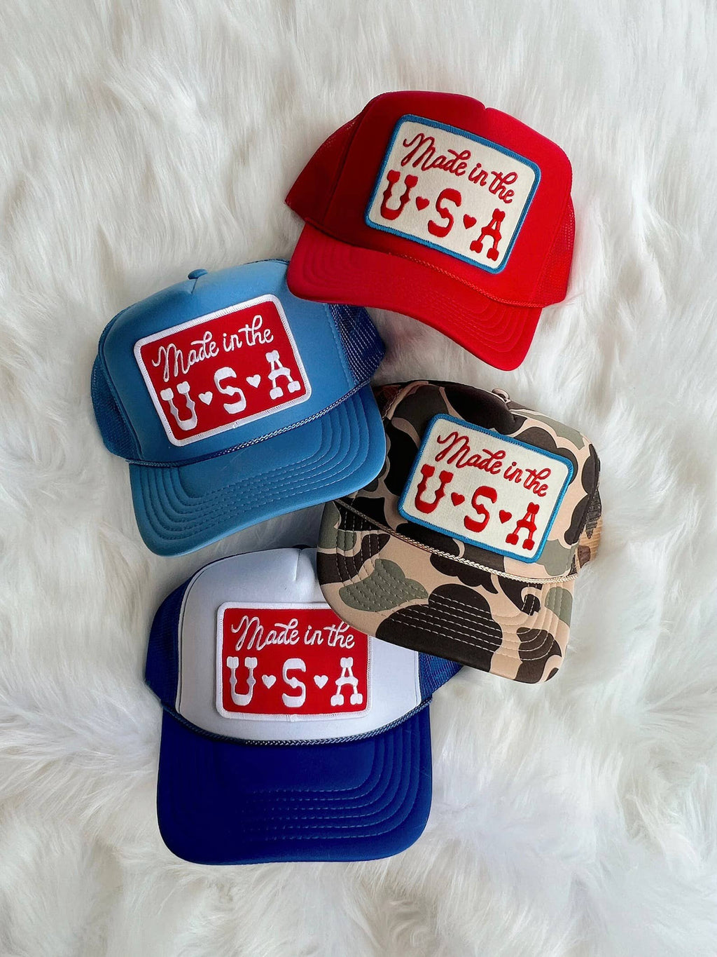 Made in the USA Patch Trucker Hat: White / White/Red Thread