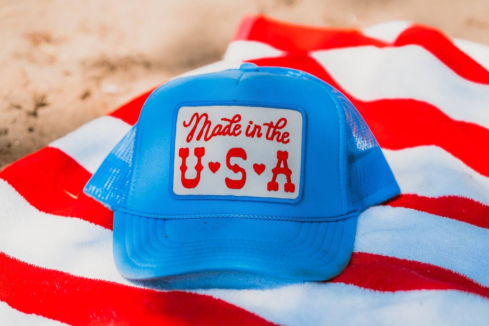 Made in the USA Patch Trucker Hat: White / White/Red Thread