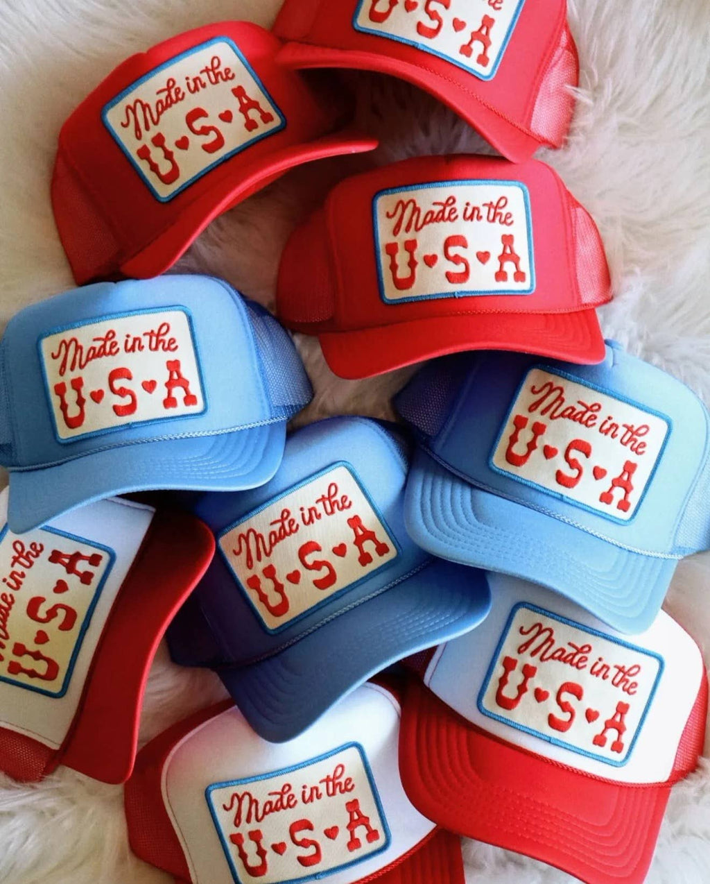 Made in the USA Patch Trucker Hat: White / White/Red Thread