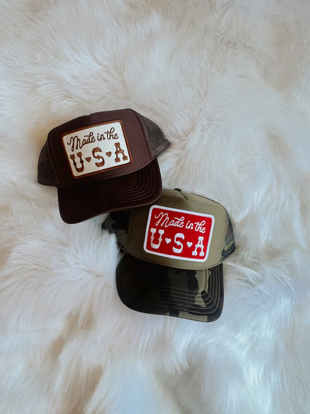 Made in the USA Patch Trucker Hat: White / White/Red Thread