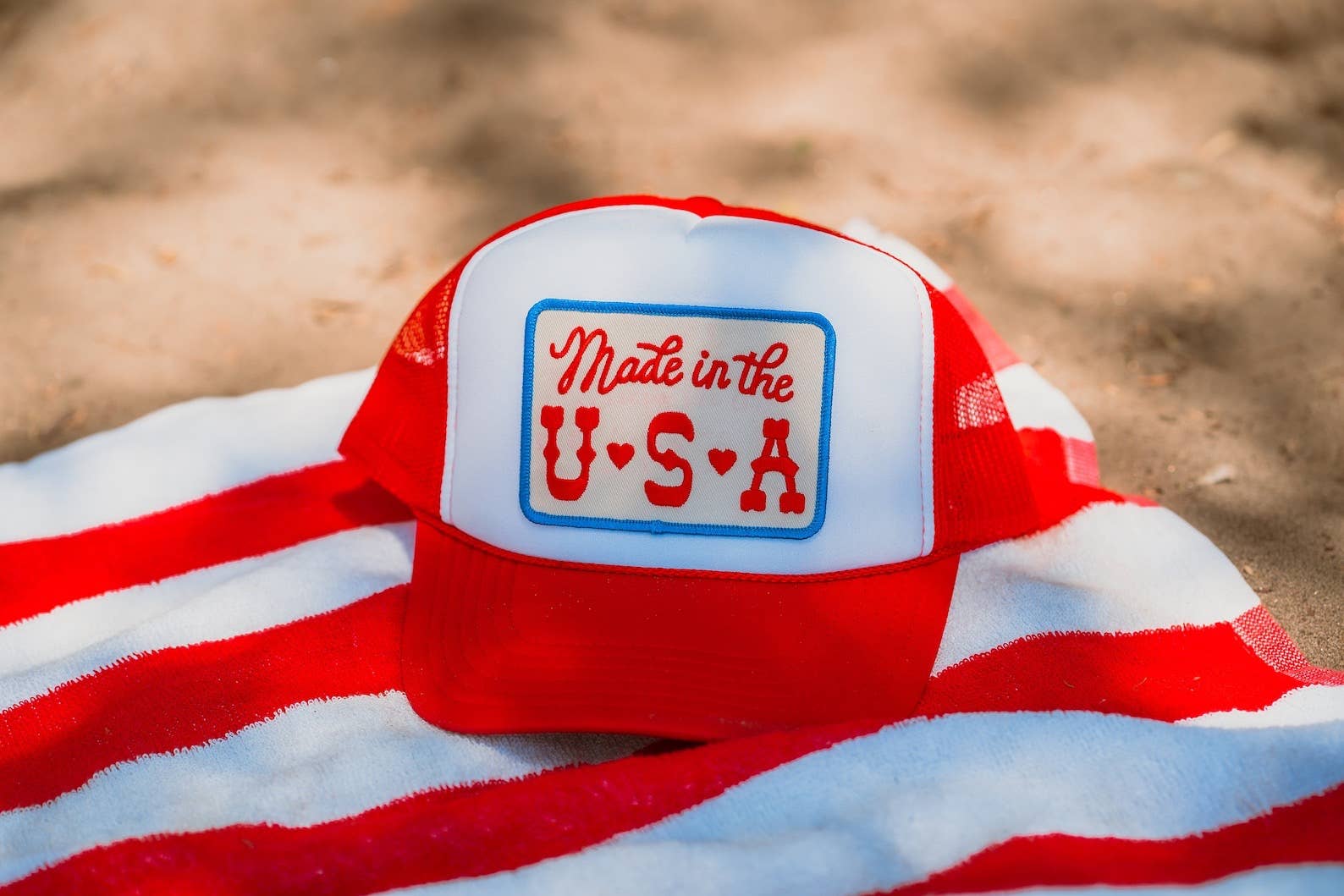 Made in the USA Patch Trucker Hat: White / White/Red Thread