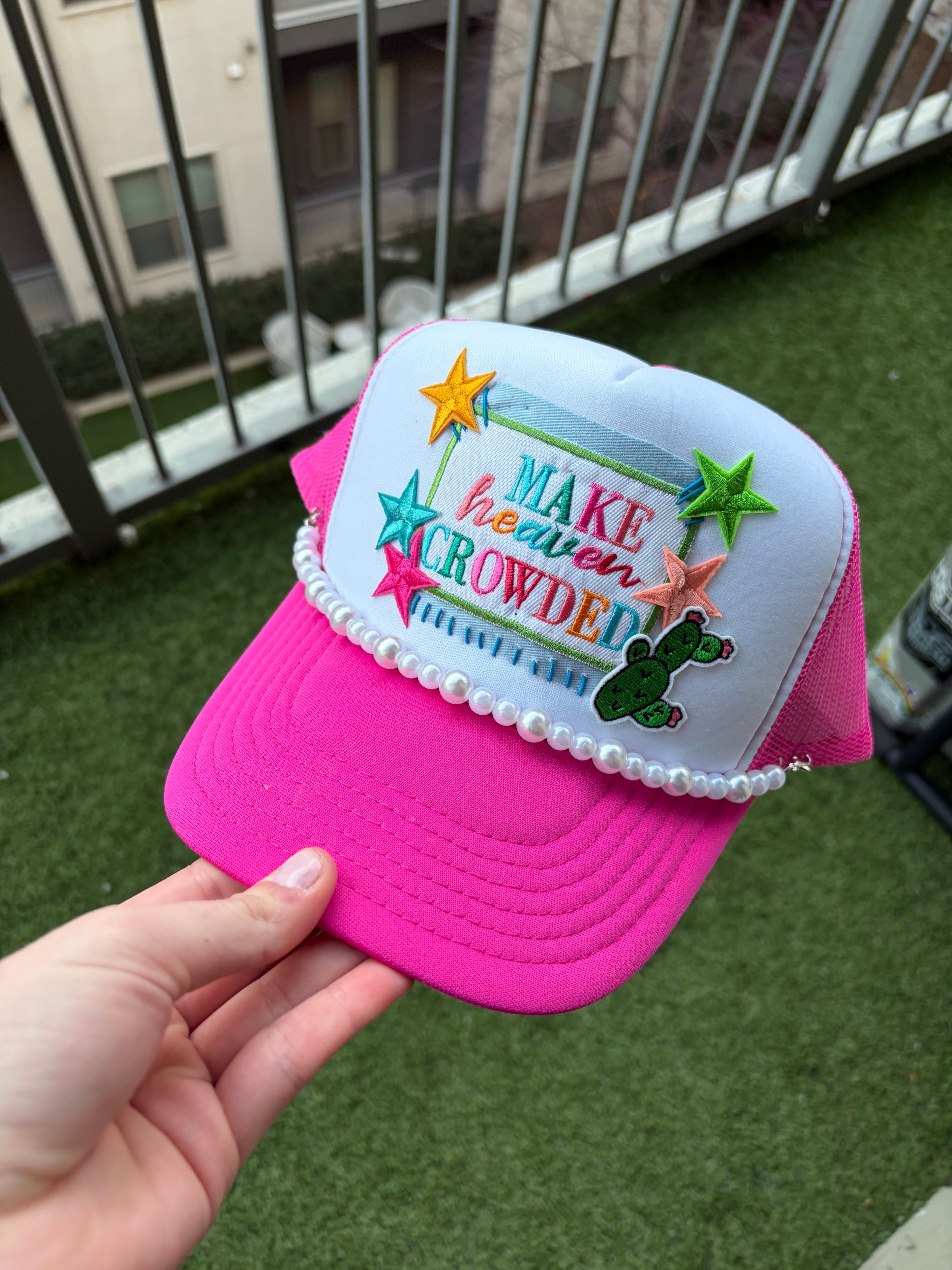 Pink “MAKE Heaven CROWDED” Hat (Pearls + Stars + Frog)