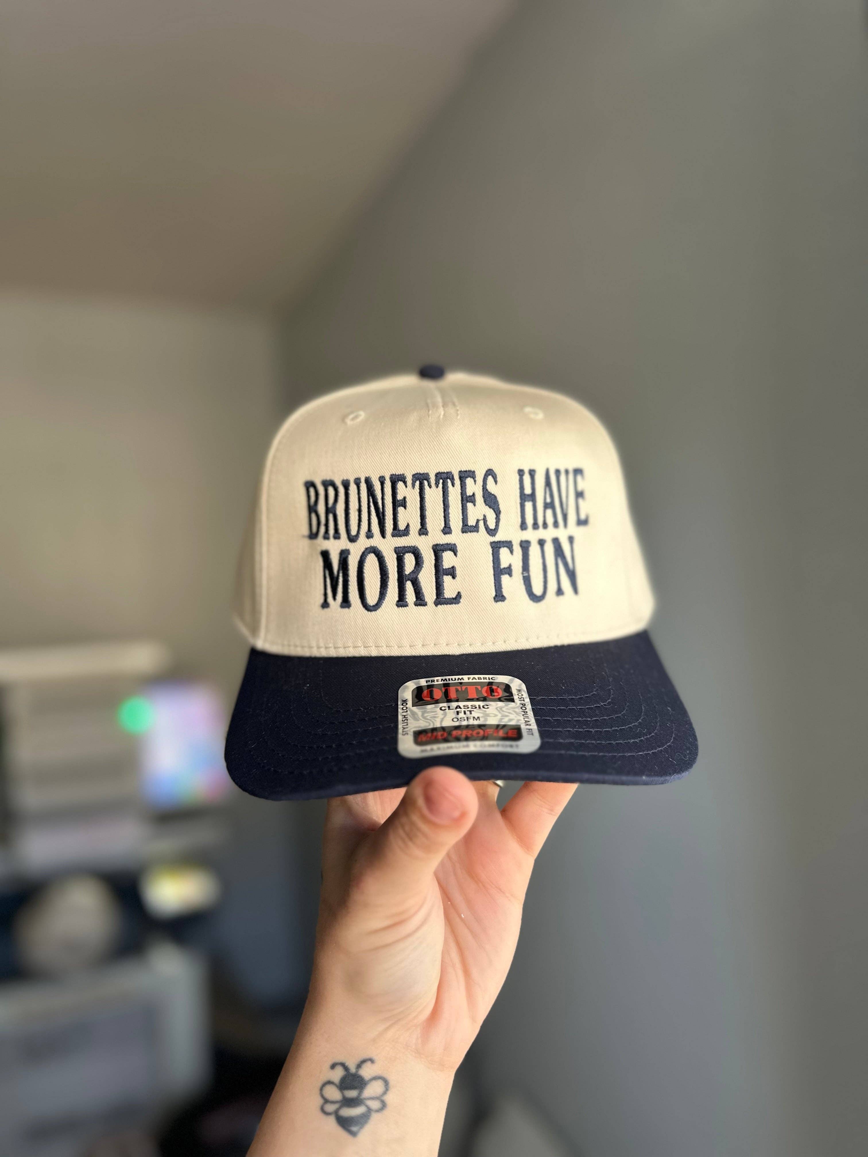 Brunettes have more fun Embroidered Hat: Natural/Red