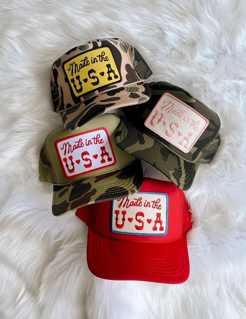 Made in the USA Patch Trucker Hat: White / White/Red Thread